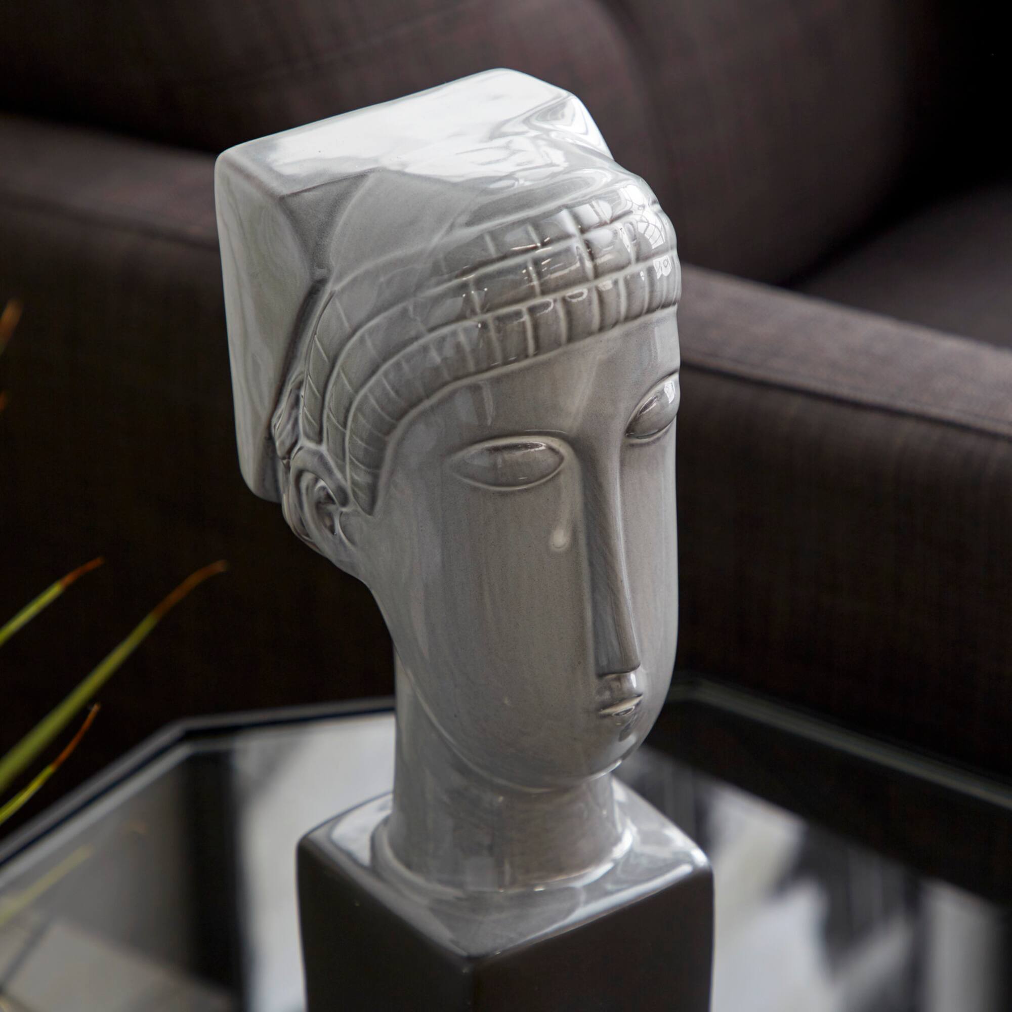 12" Gray Stoneware Woman Head Sculpture